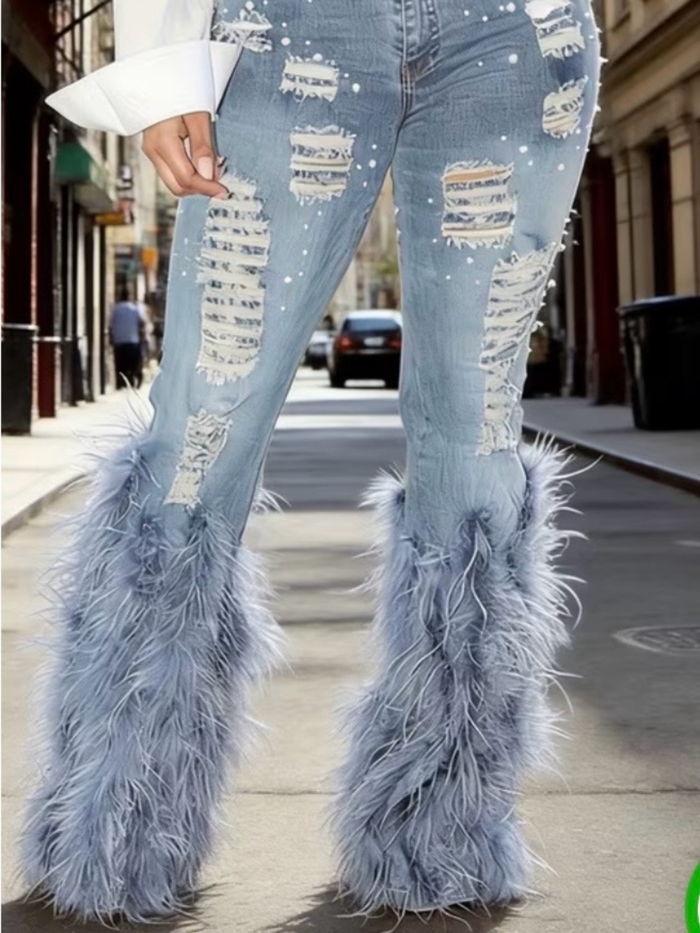 Light Blue Faux Fur & Pearls Flare Bell Bottom Denim Jeans for Women size S NWOT